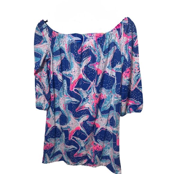 Lilly Pulitzer Girls Mini Enna Off Shoulder Dress XL 12-14 Starfish Blue Pink - Picture 2 of 4
